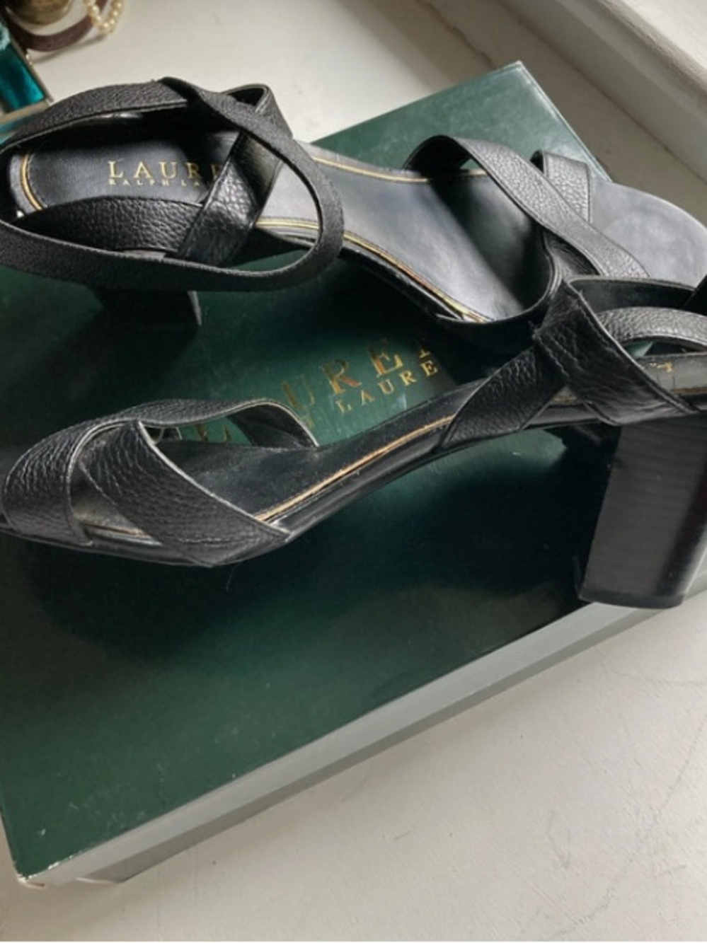 Ralph Lauren Black Leather Crisscross Block Heel Sandals